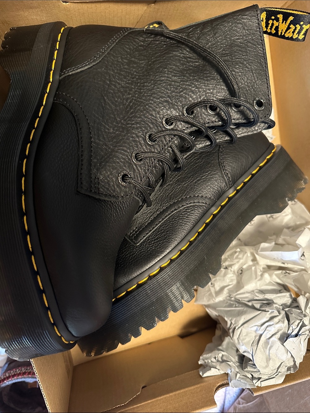 Dr. Martens Black Leather Lace-Up Boots with Yellow Stitching